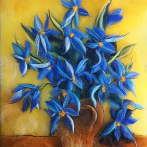 Wool painting in a frame Blue Irises in a Vase Van Gogh inspired