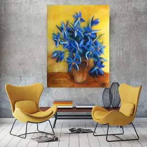 Wool painting in a frame Blue Irises in a Vase Van Gogh inspired