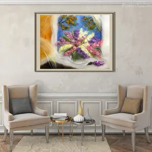 Picture with wool Vase with Lilac Bouquet - Window Scene Wool Art