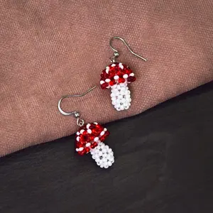 handmade jewelry, beaded earrings, gift for her, unique design, brided earrings, mushroom earrings, braided beaded earrings fly agaric, handmade beaded earrings, smyken