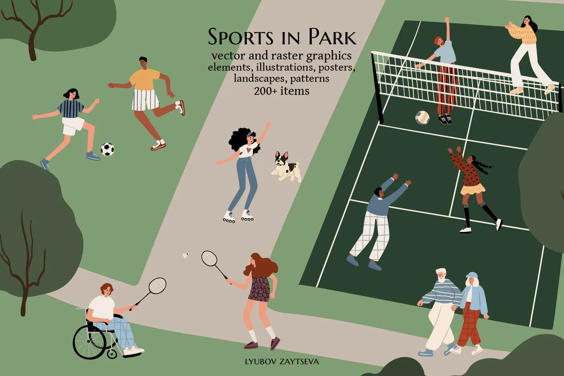 Sports in Park Illustrations, People set, Outdoor Activities