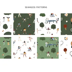Park activity seamless patterns, People playing sports set