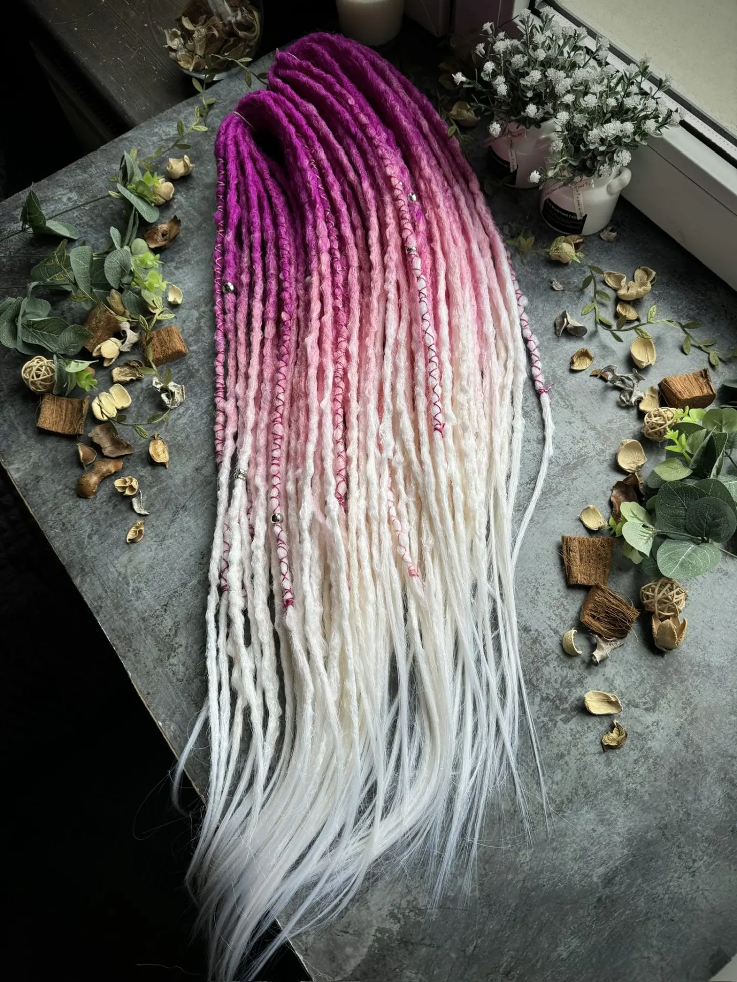 Long fuchsia ombre dreadlocks in pink and white 1 Long fuchsia ombre dreadlocks in pink and white