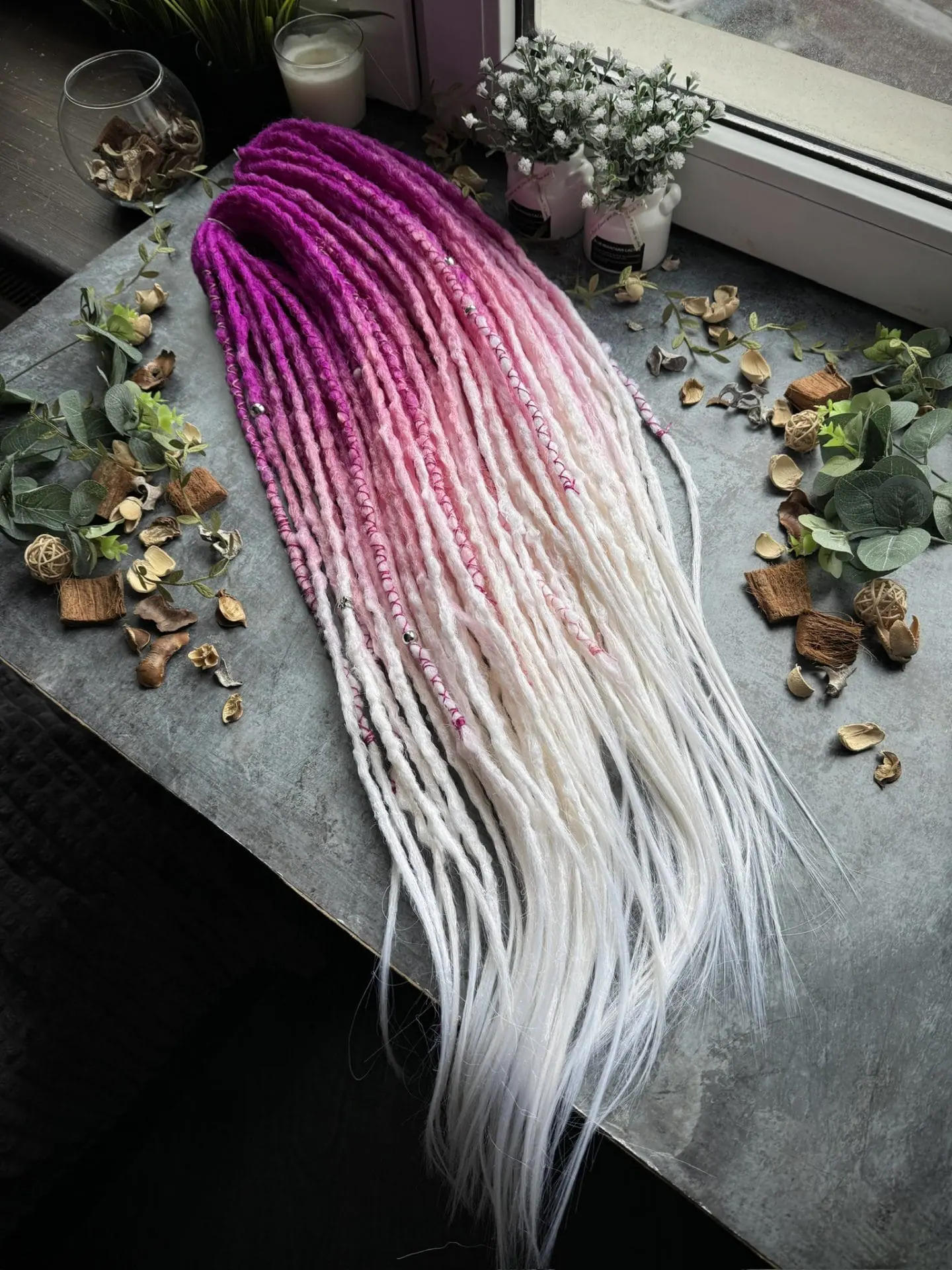 Long fuchsia ombre dreadlocks in pink and white 3 Long fuchsia ombre dreadlocks in pink and white - Image 3
