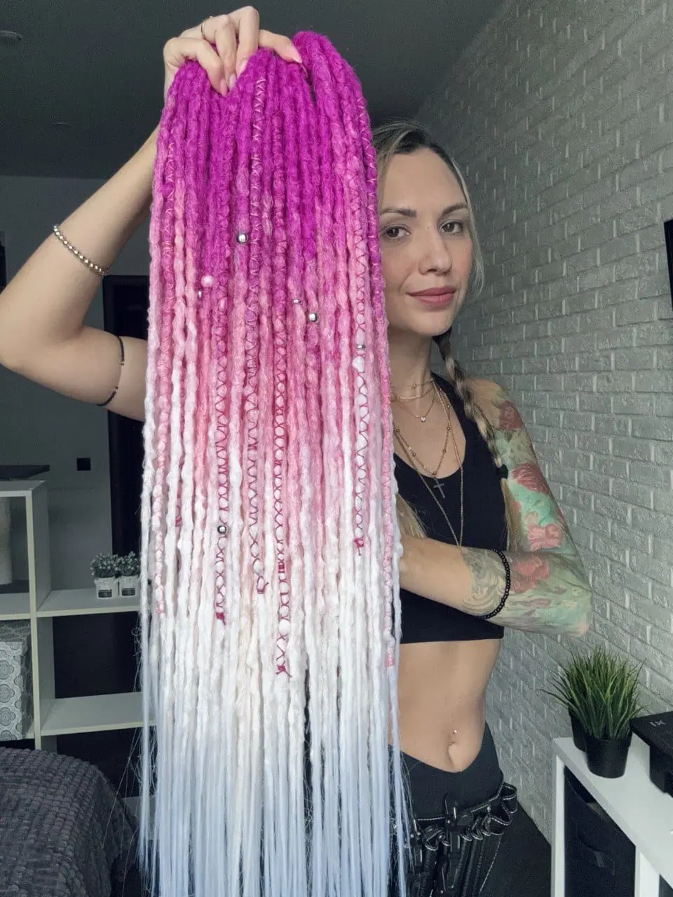 Long fuchsia ombre dreadlocks in pink and white 2 Long fuchsia ombre dreadlocks in pink and white - Image 2