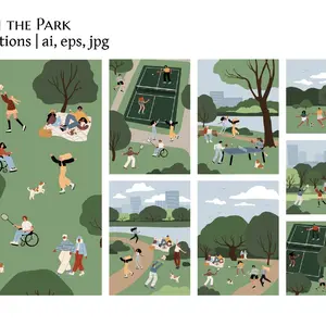 Diverse People Relaxing in Park Illustration Set