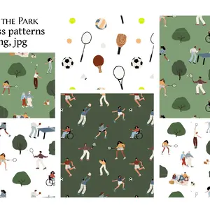Park activity seamless patterns, People playing sports set