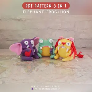 Fleece Animal Toy Patterns Set: Elephant, Frog & Lion