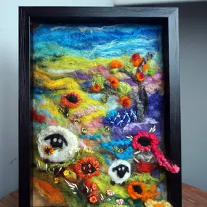 Felt art Sunflowers Felted Landscape Felt Painting Wool Painting 3D Wall Decor Wool Art lamb felted wool picture felted picture sheep