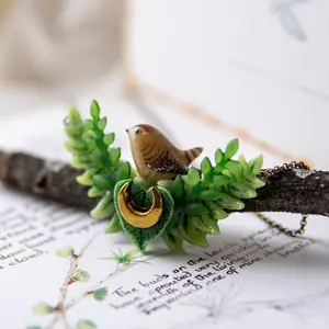 Whimsical wren and ferns polymer clay necklace