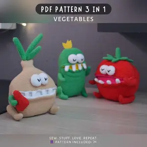 Veggie Plush Trio – PDF Sewing Patterns (Tomato, Onion, Cucumber)