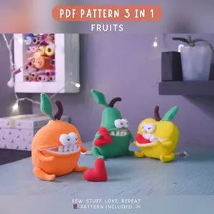 Fruit Trio Plush Pattern – Orange, Pear & Apple PDF Set
