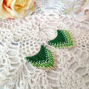 Green long beaded earrings – seed beads fringe earrings