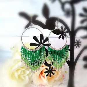 Green long beaded earrings – seed beads fringe earrings