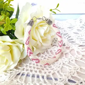 White bracelet heart – gift for her – seed beads crochet rope