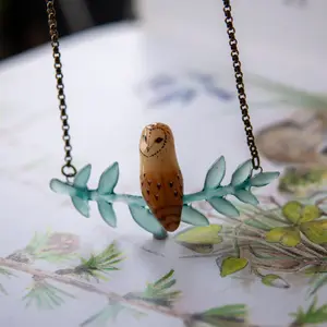 Charming barn owl and fern polymer clay necklace