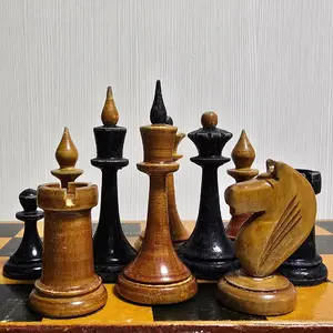 Soviet Antique Wooden Chess. Mordvin Latvian chess set 1940-50