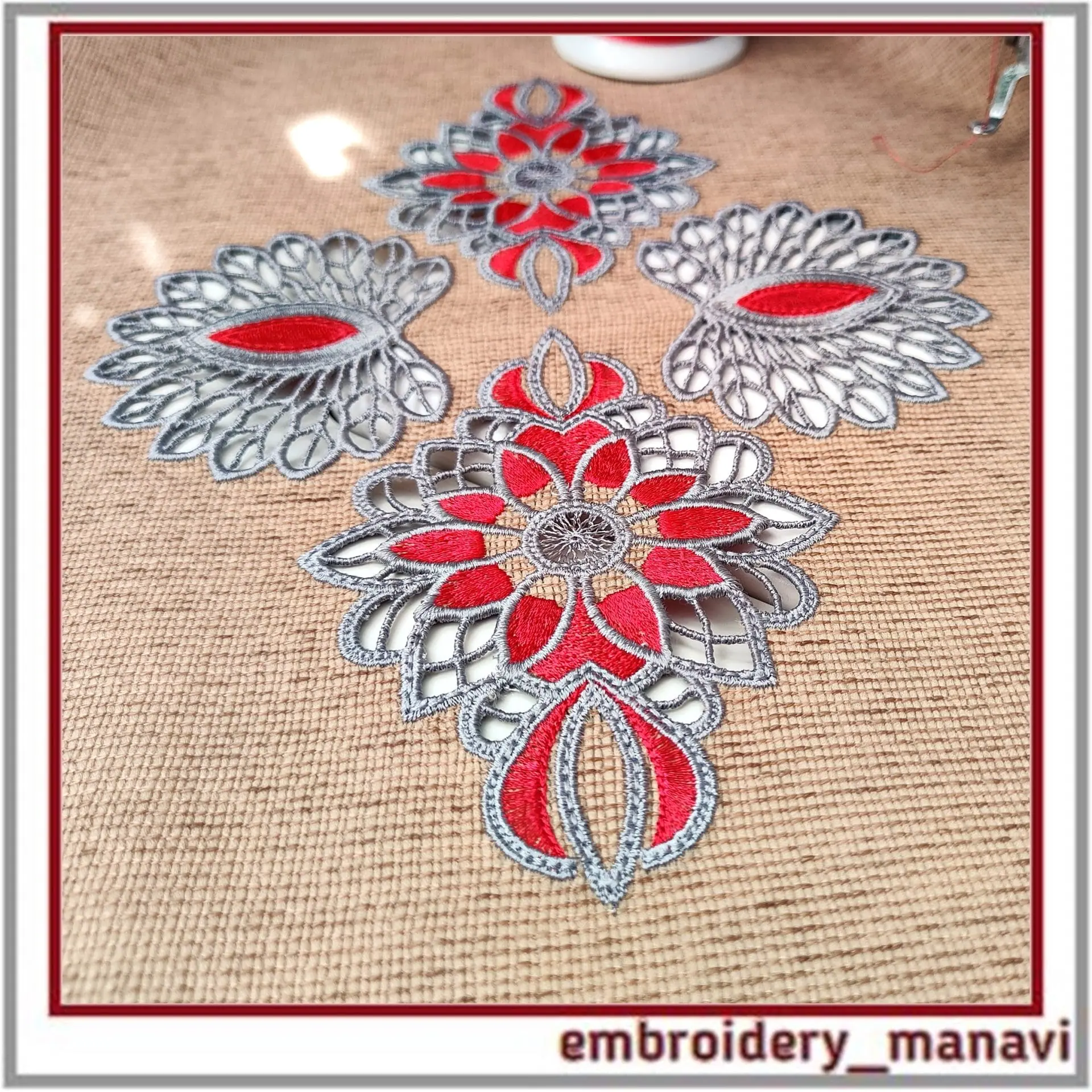 In the hoop Cutwork oriental style flowers, set of 6