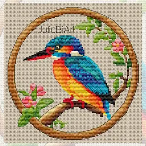 Kingfisher Cross Stitch Pattern – Printable Bird Embroidery PDF