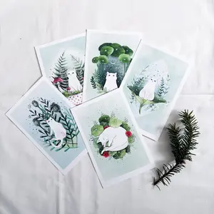 Enchanting watercolour cats and plants postcards set