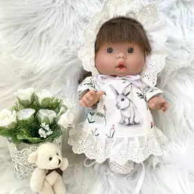 26 cm doll holding teddy bear wearing bunny dress