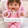 Bunny jumpsuit for 26 cm doll pink boucle outfit with lace trim