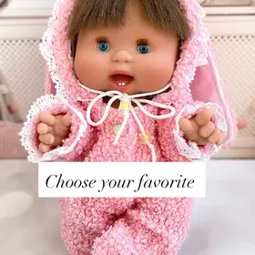 Bunny jumpsuit for 26 cm doll pink boucle outfit with lace trim