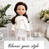 paola reina doll wearing lace skirt top and soft mohair sweater