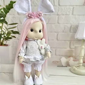 Handmade textile bunny doll 26 cm in full outfit with headband and plush bunny