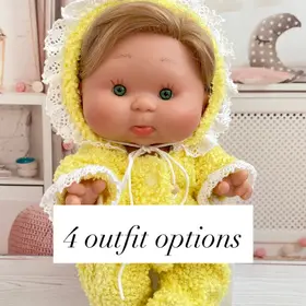 Yellow boucle romper for 26 cm doll Nines d'Onil with cotton lace trim