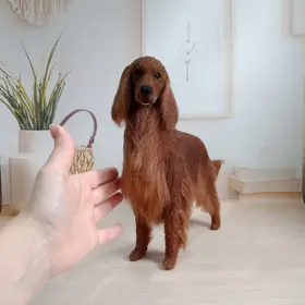 Realistic crochet Irish Setter miniature, handmade mahogany-red dog sculpture, silky ears, elegant posture, custom pet portrait from photos