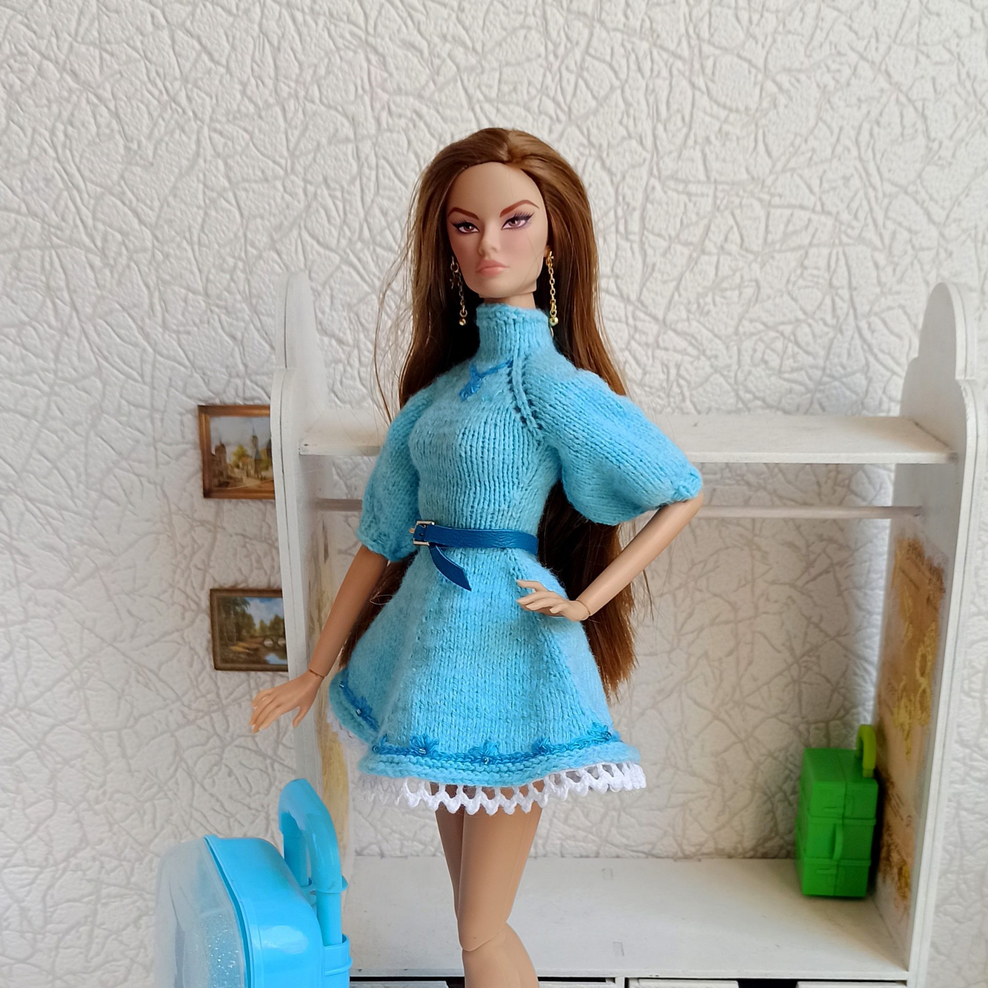 Hand Knitted Blue Dress for Integrity Toys Doll 1 Blue Knitted Dress for Fashion Dolls