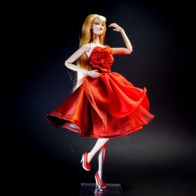 Handmade red dress for Fashion Royalty doll with lace bodice and layered skirt