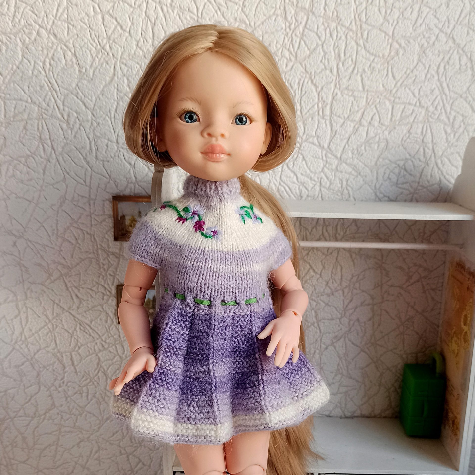 Hand Knitted Lavender Dress for Paola Reina Doll 1 Lavender knitted dress for Paola Reina doll handmade