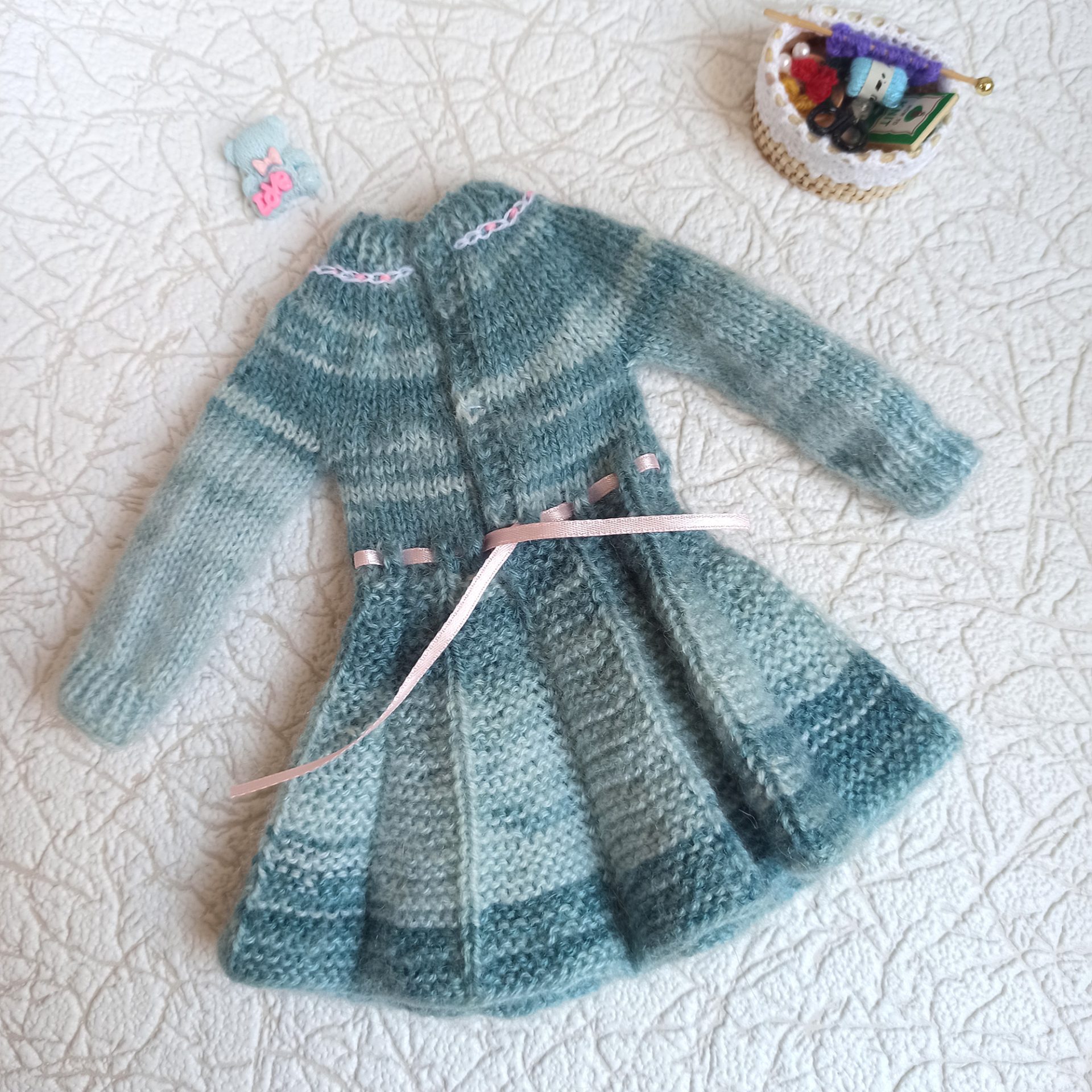 Hand Knitted Blue Green Dress for Paola Reina Doll 5 Mint knitted dress for Paola Reina doll handmade