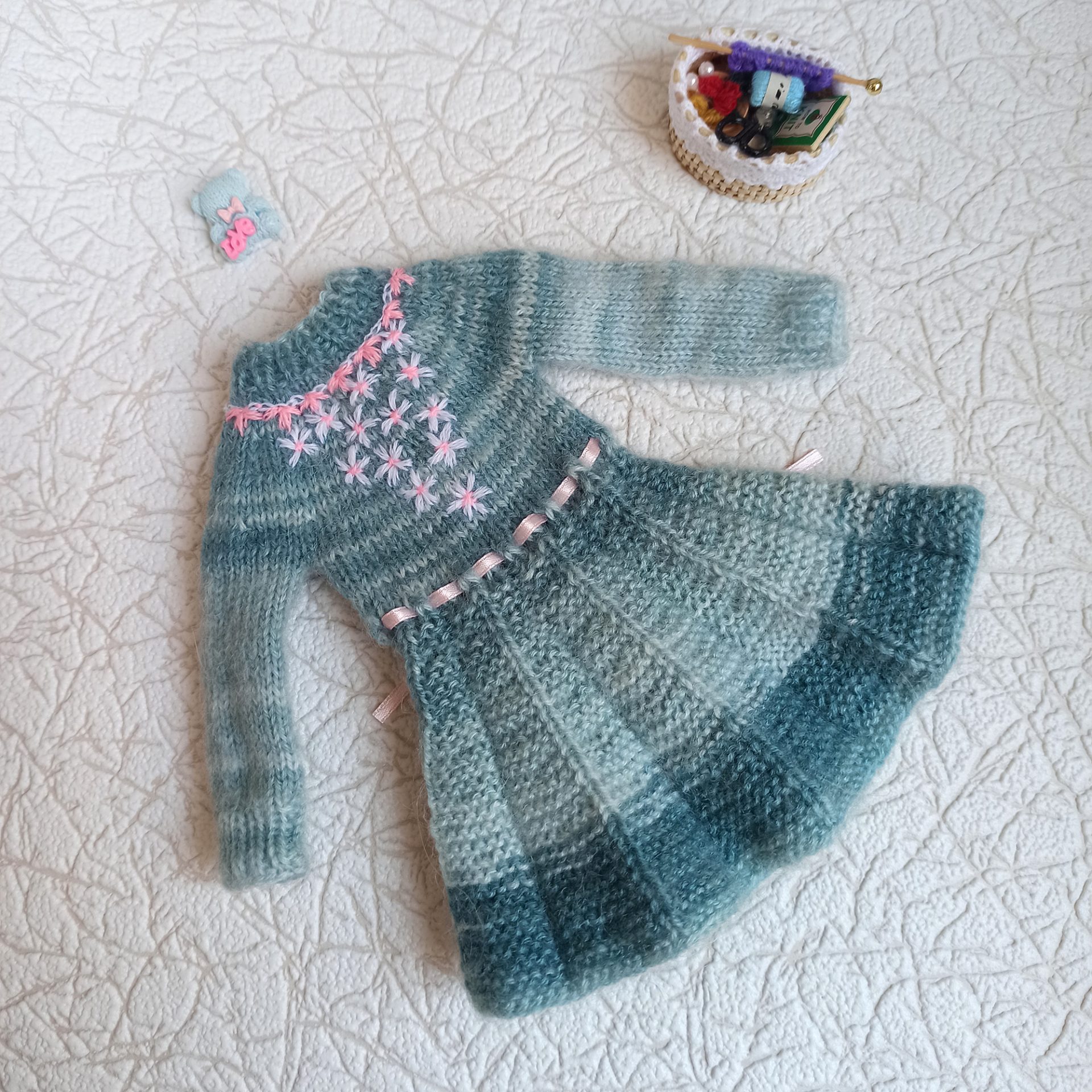 Hand Knitted Blue Green Dress for Paola Reina Doll 4 Mint knitted dress for Paola Reina doll handmade