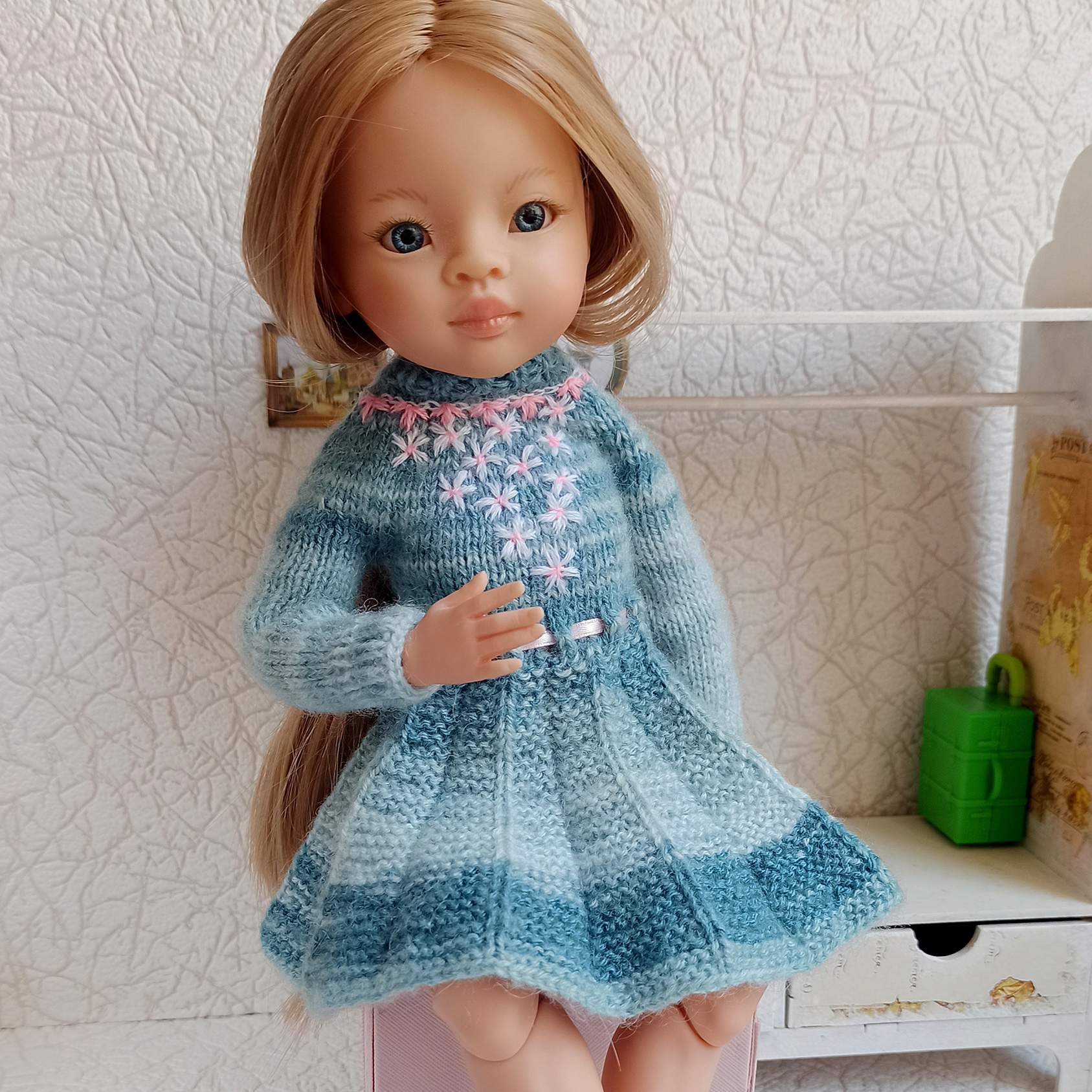 Hand Knitted Blue Green Dress for Paola Reina Doll 3 Mint knitted dress for Paola Reina doll handmade