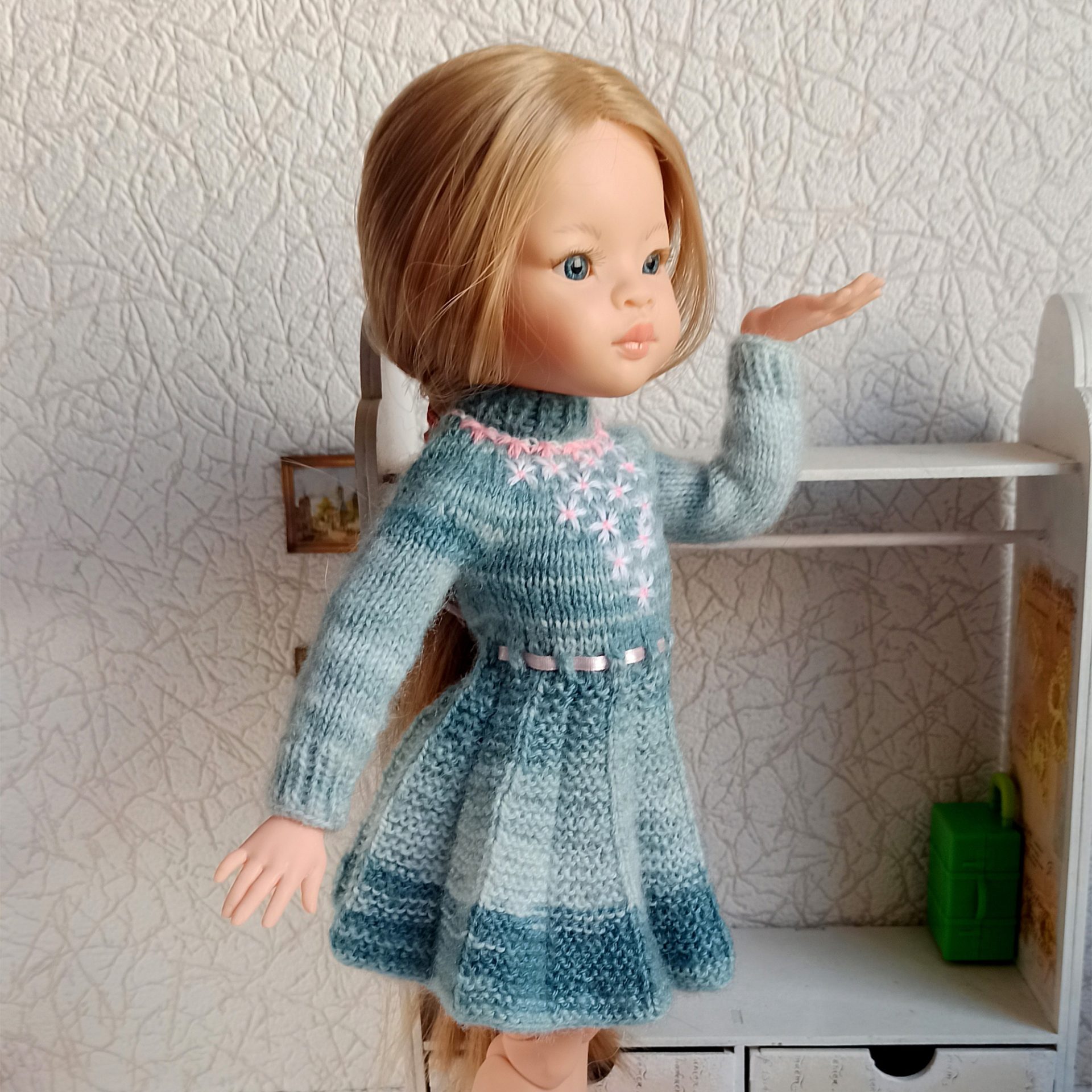 Hand Knitted Blue Green Dress for Paola Reina Doll 2 Mint knitted dress for Paola Reina doll handmade