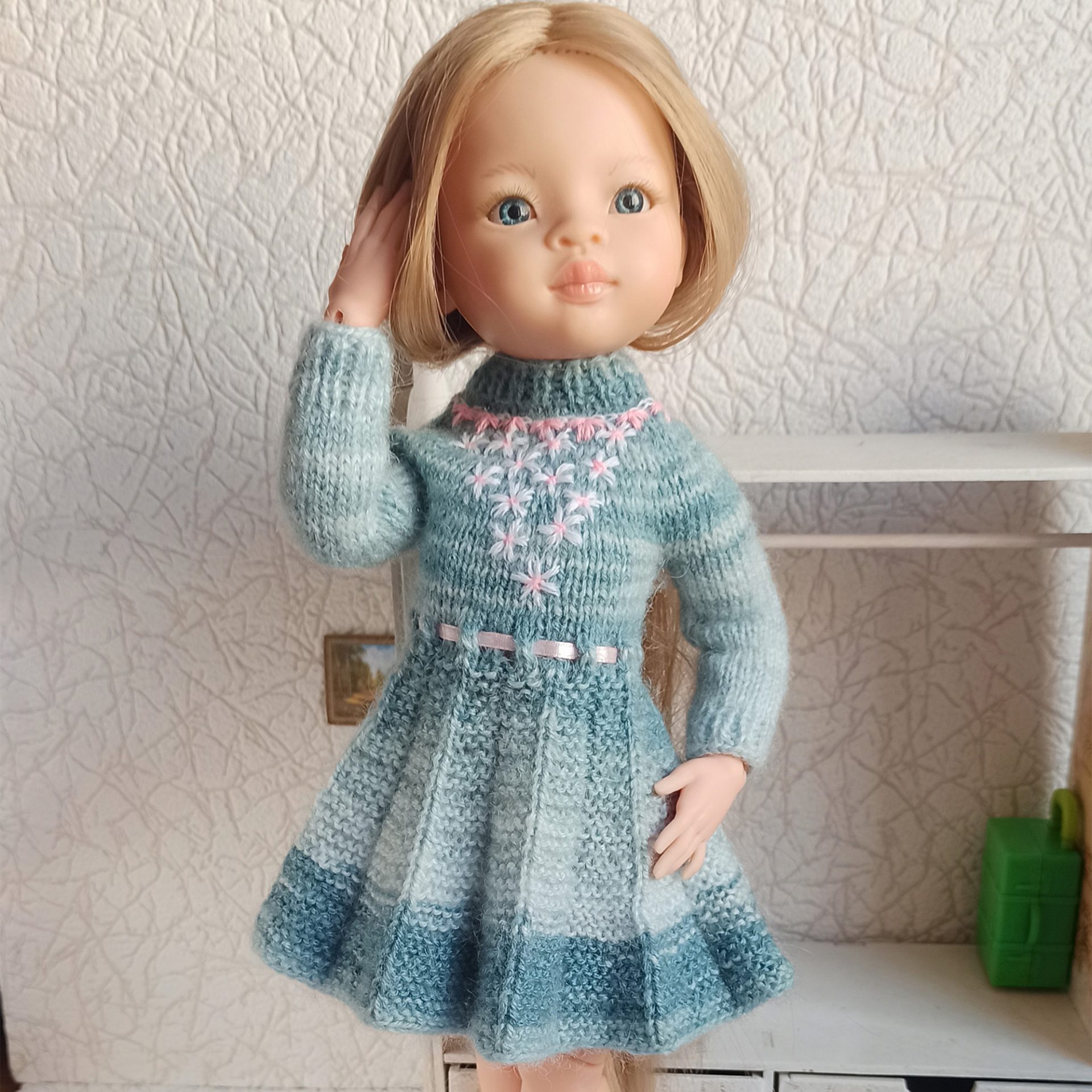 Hand Knitted Blue Green Dress for Paola Reina Doll 1 Mint knitted dress for Paola Reina doll handmade
