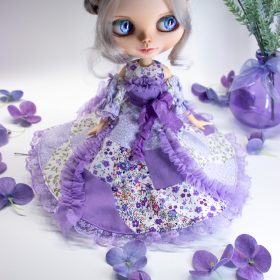 romantic handmade Blythe dress in soft purple with floral pattern and lace trims