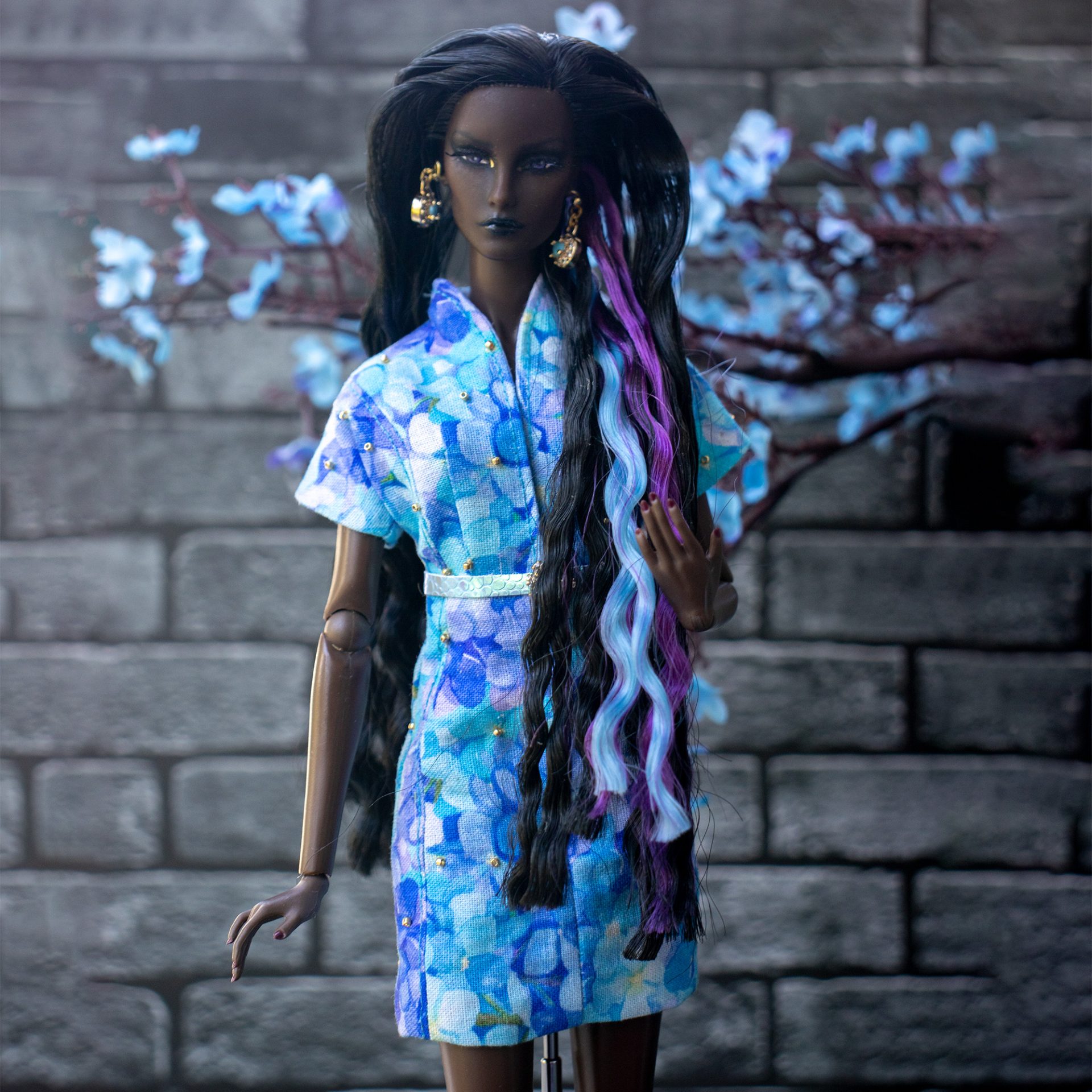 doll in blue dress Floral Cotton for Fashion Naomi sparkles in a Spaghetti strap corset Nigerian 40th Birthday Dress size:3XL