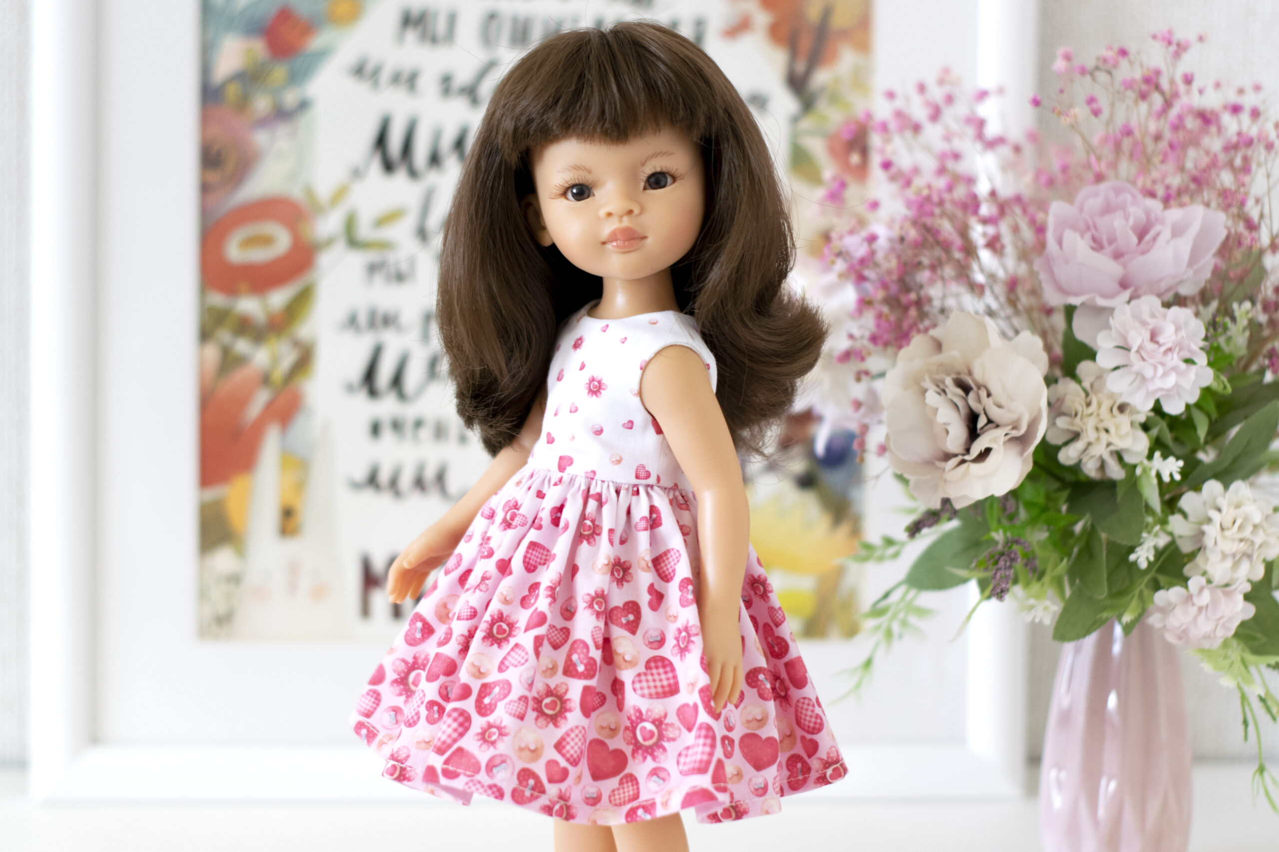 Pink heart dress for 13 inch dolls Paola Reina, Siblies RRFF