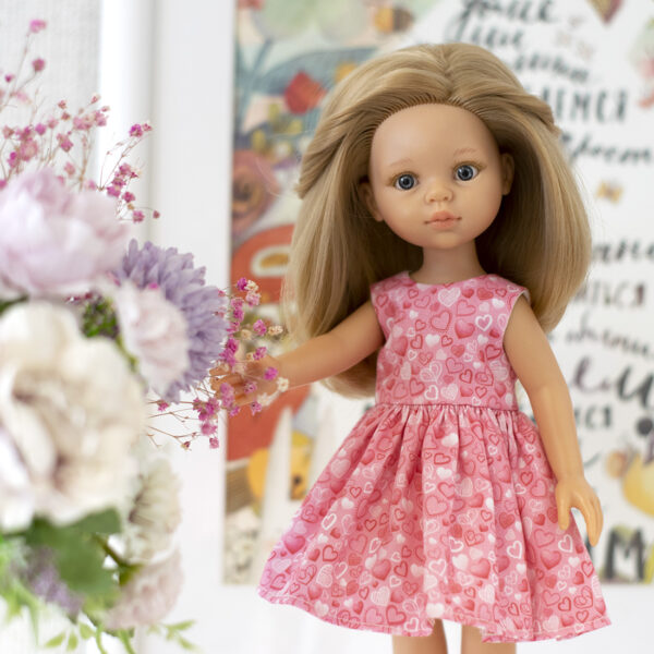 Paola Reina doll in pink heart print dress