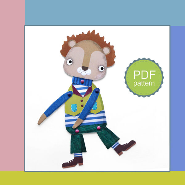 Paper doll Lion in a yellow vest, in My Teddy store.