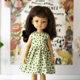 13-inch doll Paola Reina in a dress with green clovers for St. Patrick's Day