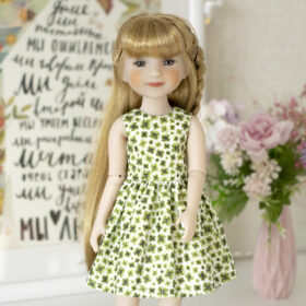 14.5 inch Ruby Red Fashion Friends doll in a clover dress for St. Patrick's Day