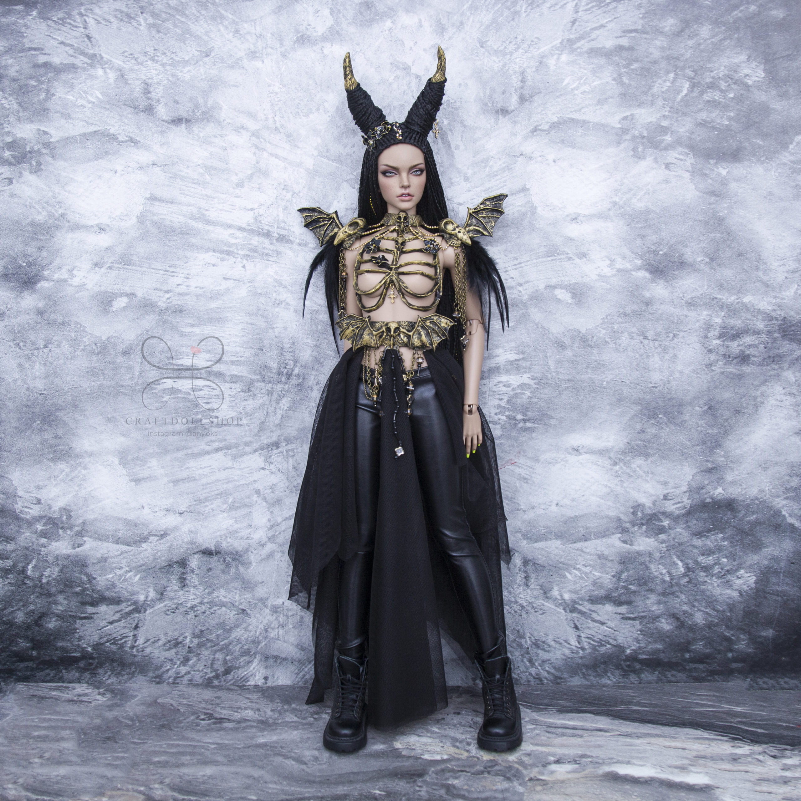 BJD Zi-Zi wig long Black with horns for head 8-9 (20,5c 5 3 scaled