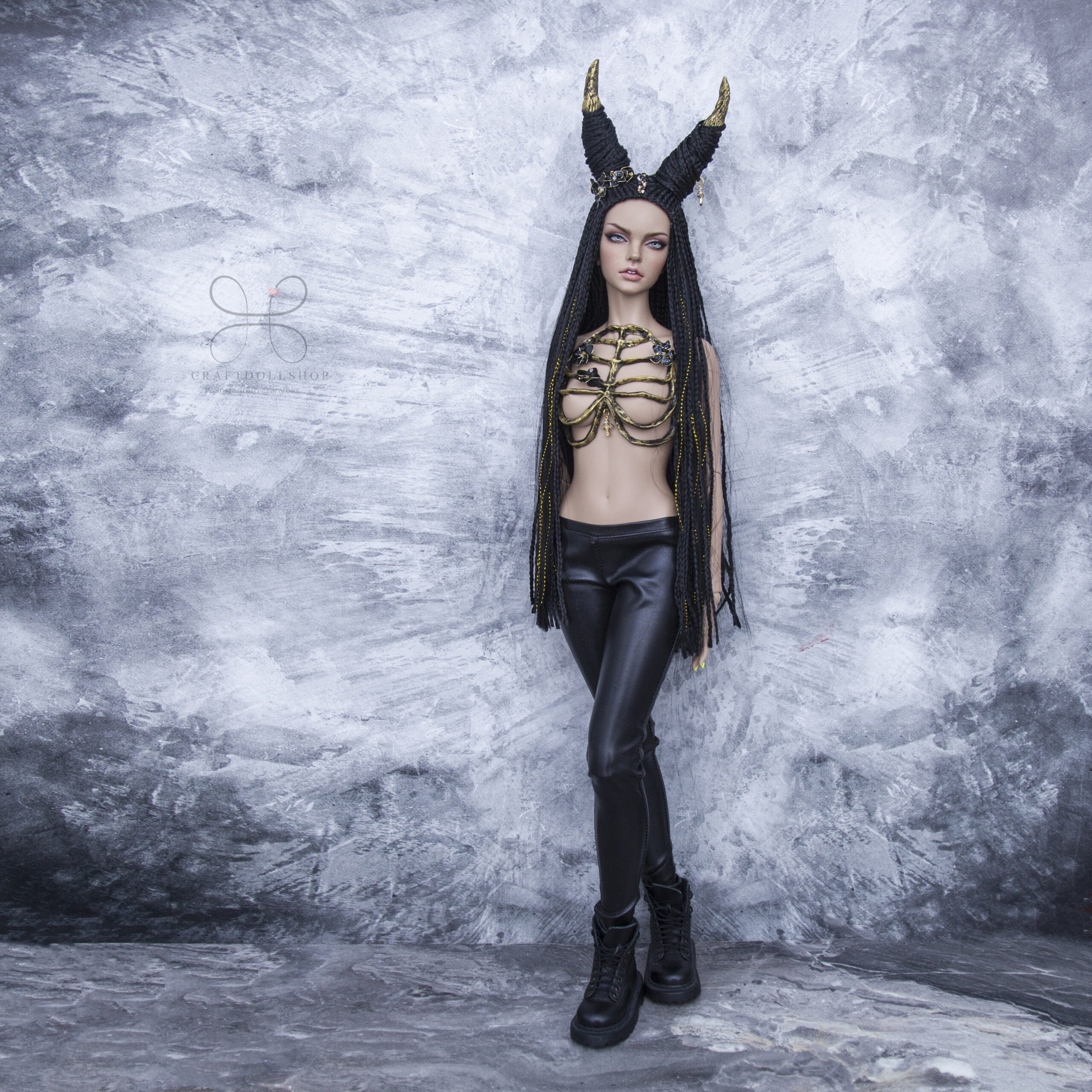 BJD Zi-Zi wig long Black with horns for head 8-9 (20,5c 6 4 scaled
