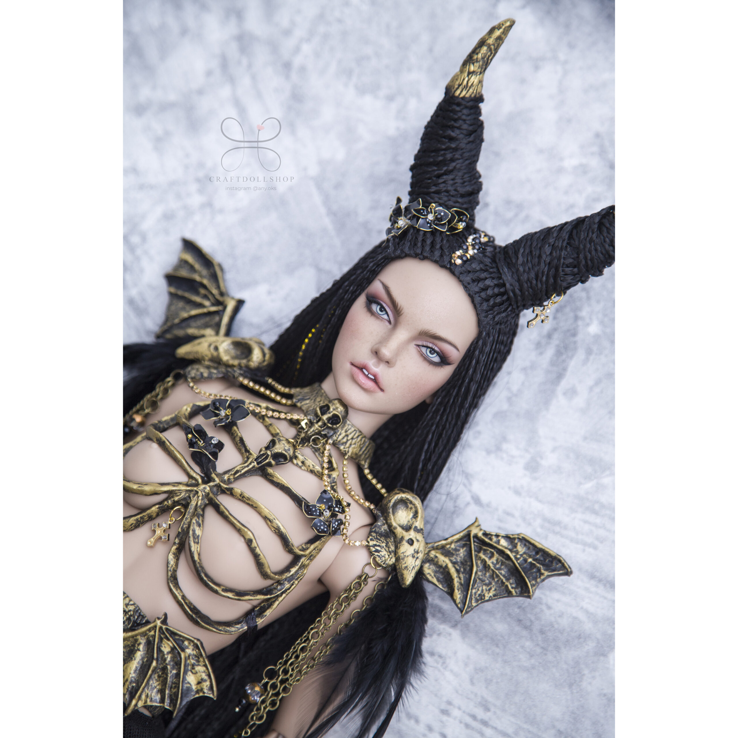 BJD Zi-Zi wig long Black with horns for head 8-9 (20,5c 3 9 scaled
