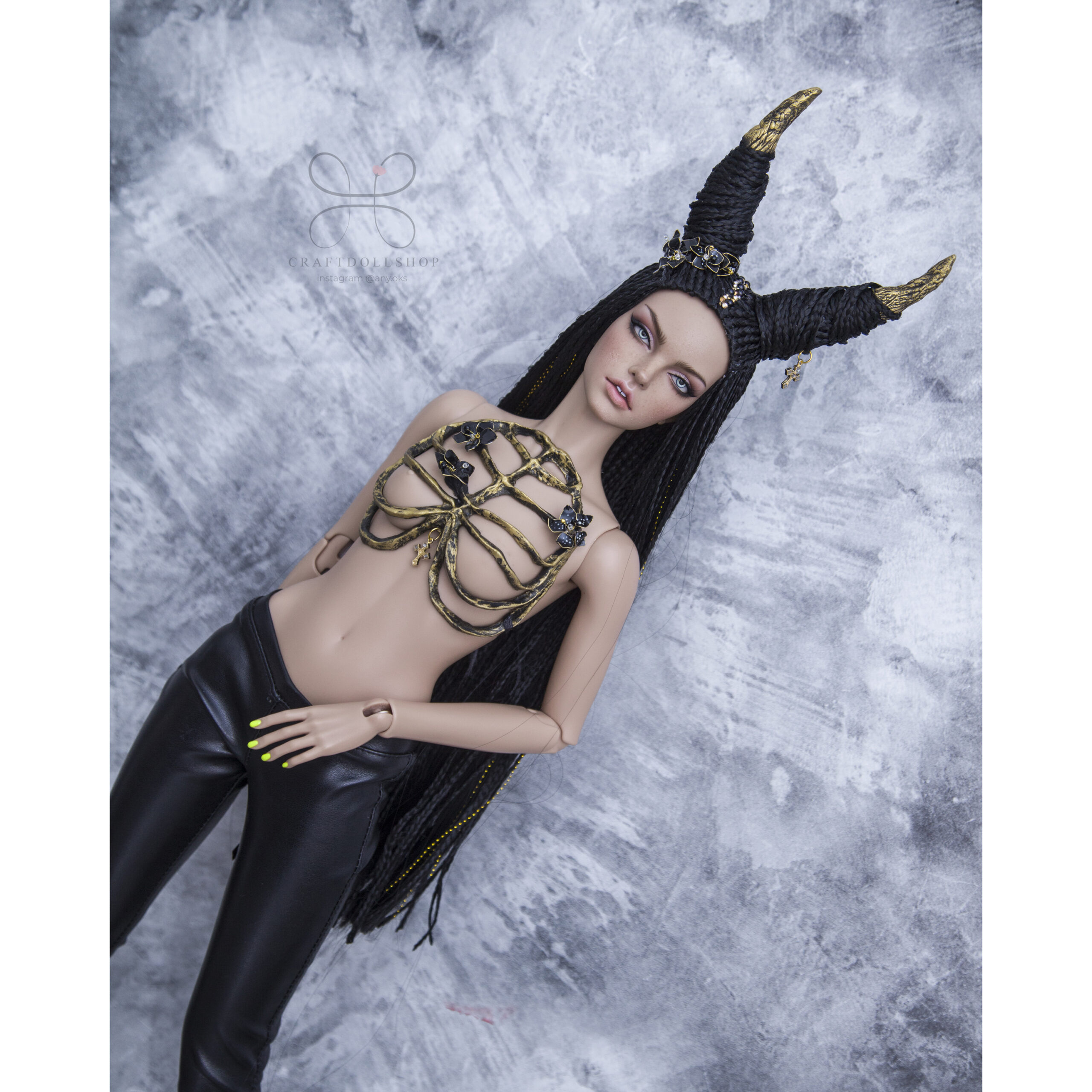 BJD Zi-Zi wig long Black with horns for head 8-9 (20,5c 2 12 scaled